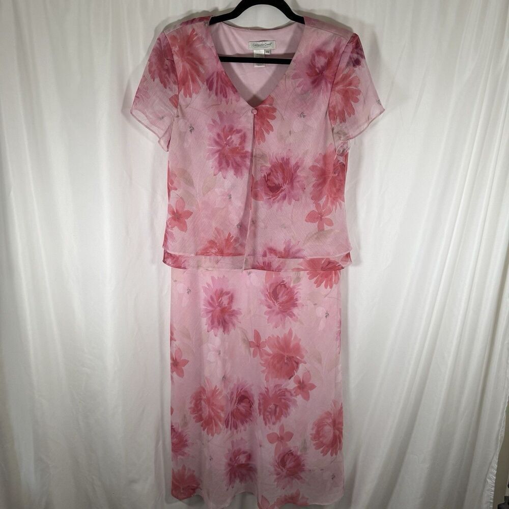 Coldwater Creek Midi Dress Women's Petite 14 Pink Floral Vneck Short Sleeve